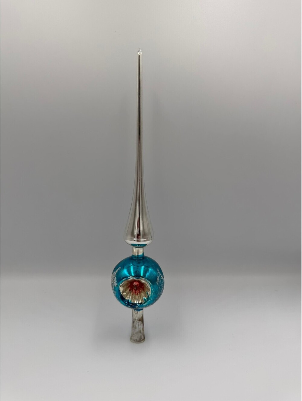 Vintage 1950s Triple Indent Glass Christmas Tree Topper Blue Silver Mica Finial